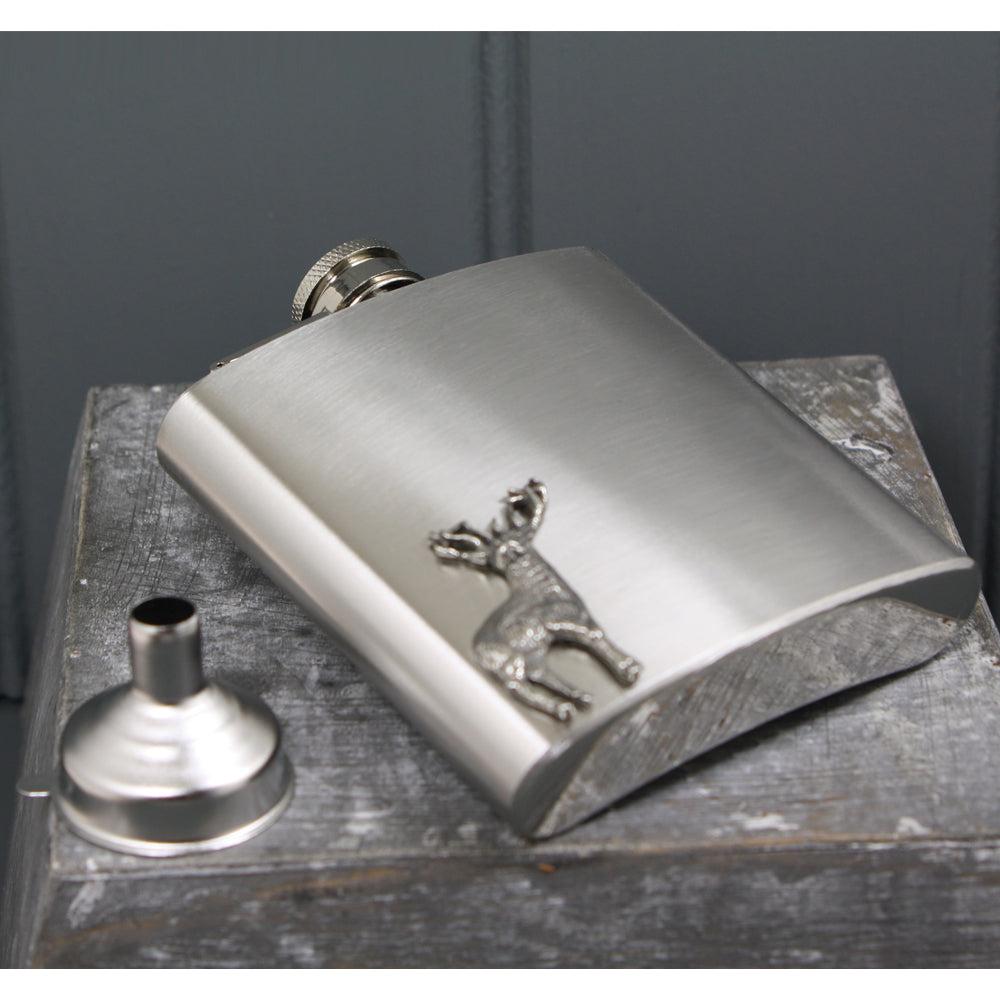 English Factory 6oz Stainless Steel Hip Flask With Pewter Stag Emblem