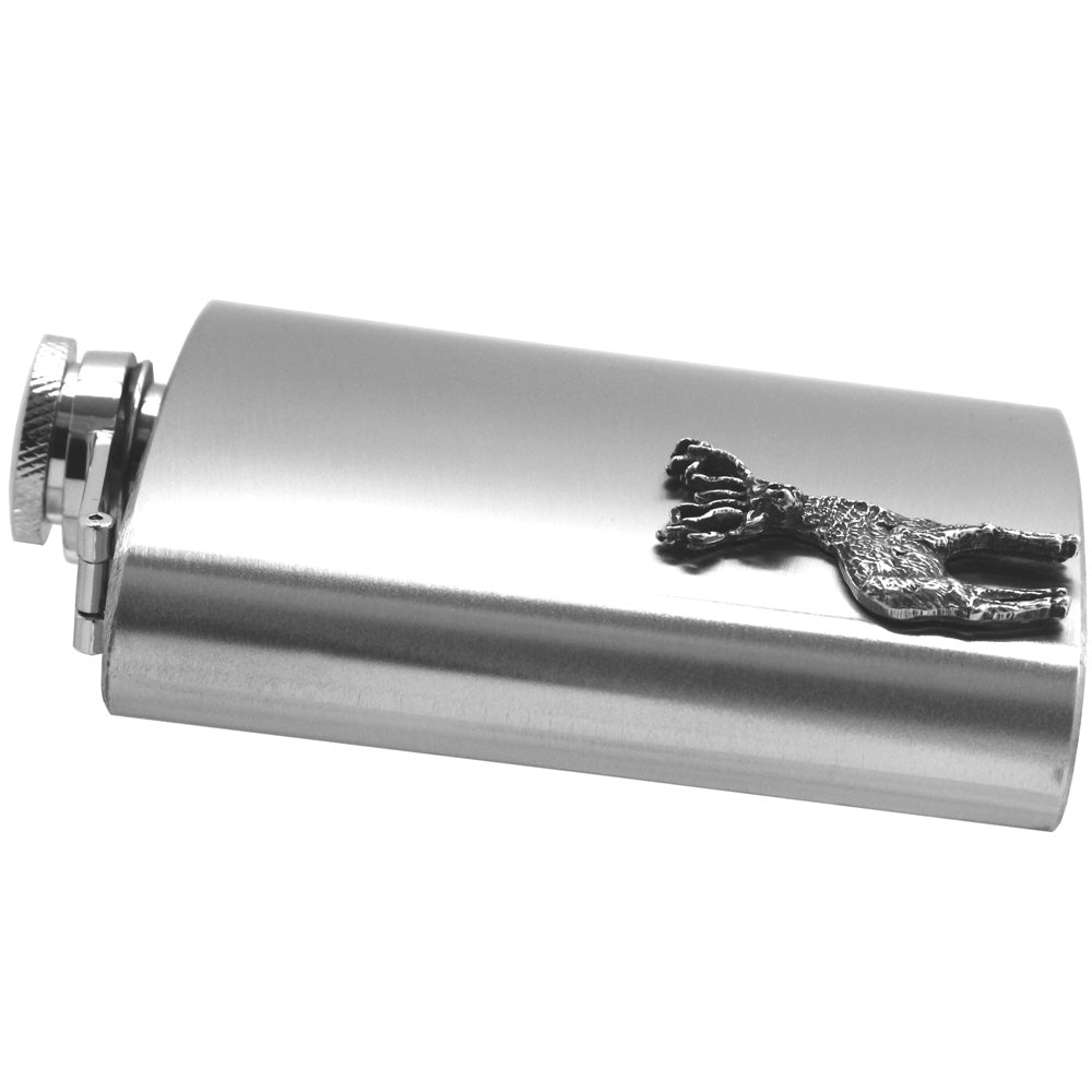 English Factory 6oz Stainless Steel Hip Flask With Pewter Stag Emblem