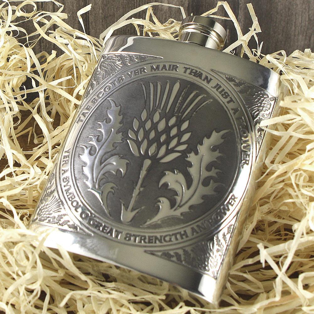English Factory 6oz Tae A Thistle Robbie Burns Scottish Pewter Hip Flask