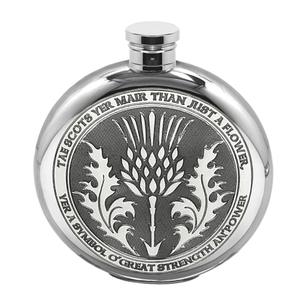 english factory 6oz Tae A Thistle Robbie Burns Scottish Round Pewter Hip Flask