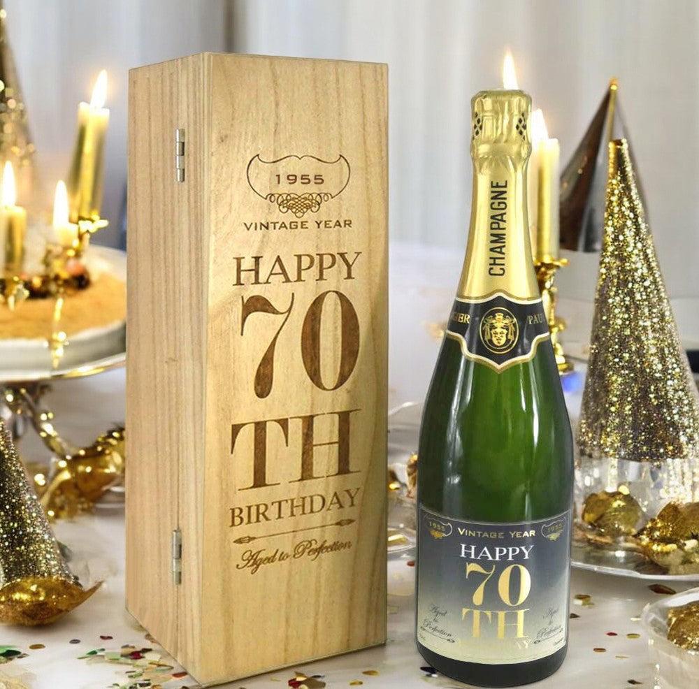 English Factory 70th Birthday Gift For Him Or Her Personalised 75cl Bottle Of Champagne Presented In An Engraved Wooden Box 1955