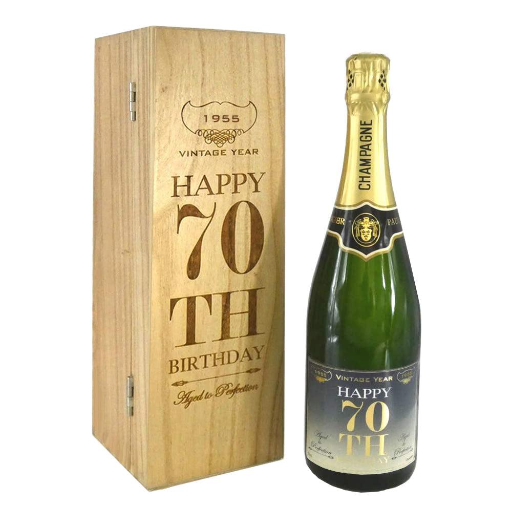 English Factory 70th Birthday Gift For Him Or Her Personalised 75cl Bottle Of Champagne Presented In An Engraved Wooden Box 1955