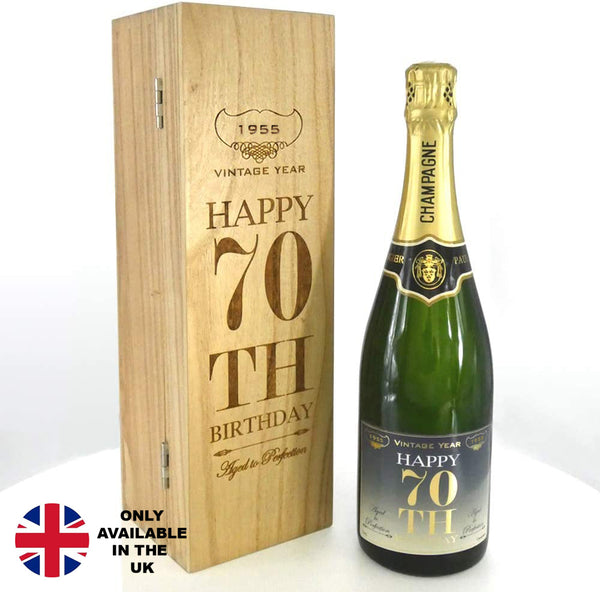 english factory 70th Birthday Gift For Him or Her Personalised 75cl Bottle of Champagne Presented in an Engraved Wooden Box 1955