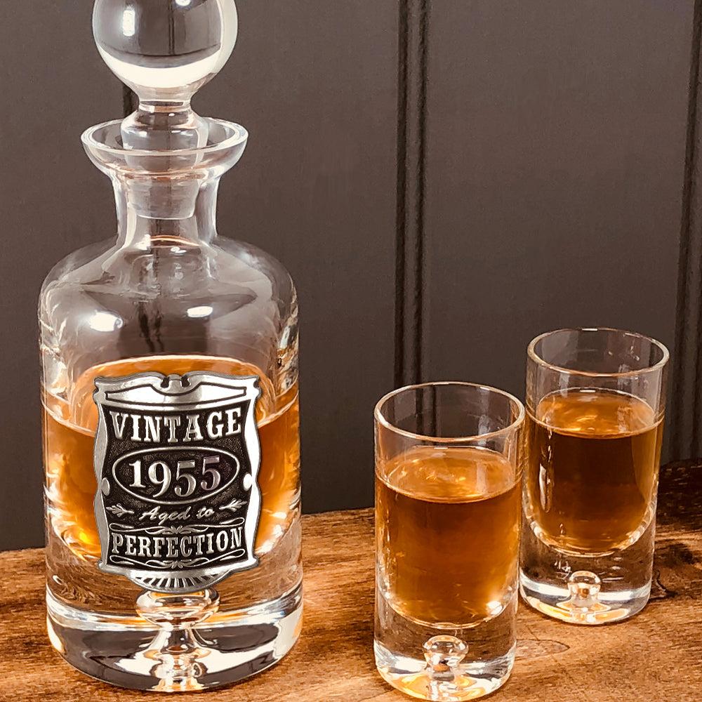 English Factory 70th Birthday Or Anniversary Gift 1955 Vintage Years Pewter & Crystal Mini Decanter Set With Shot Glasses