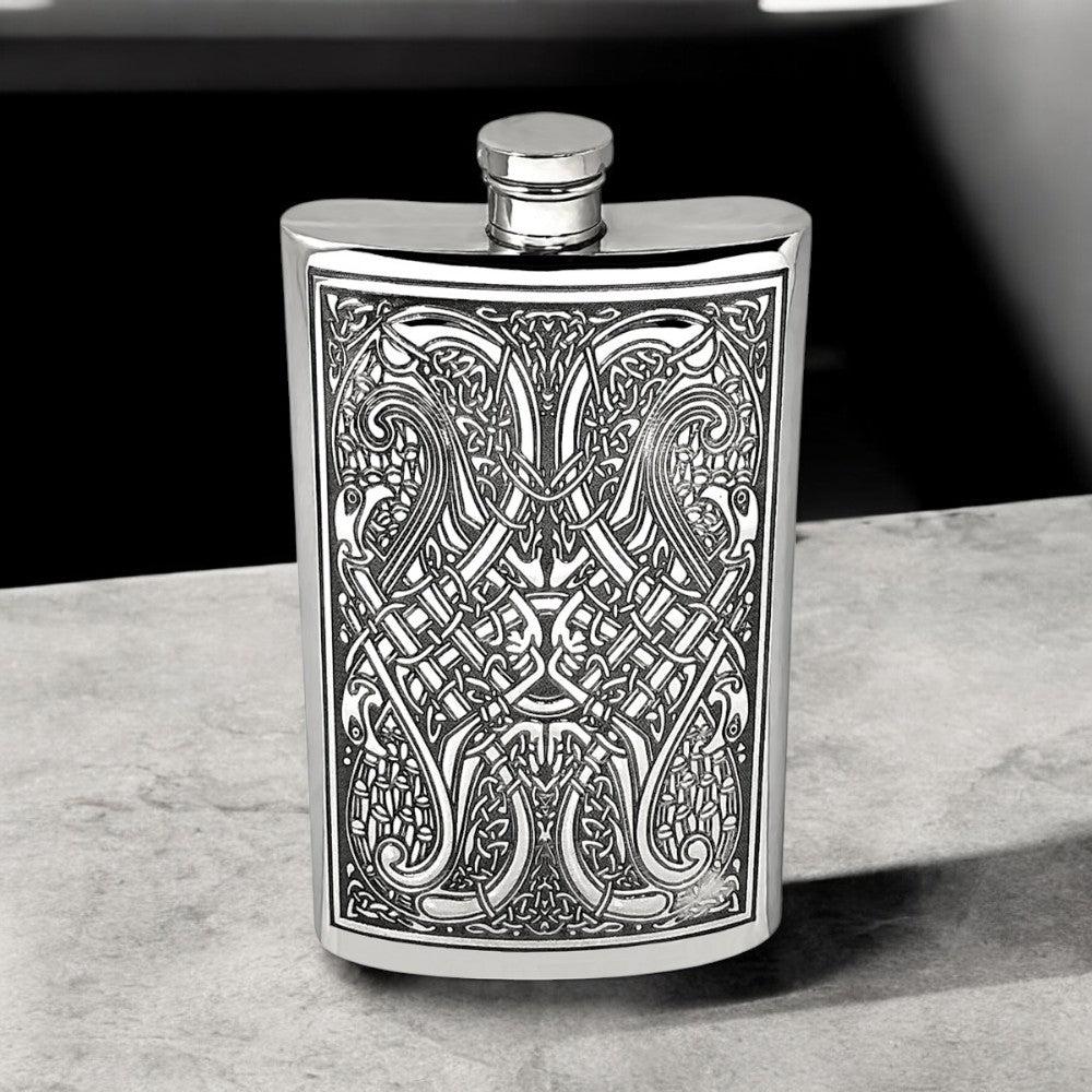 English Factory 8oz Pewter Hip Flask With Celtic Knot Design