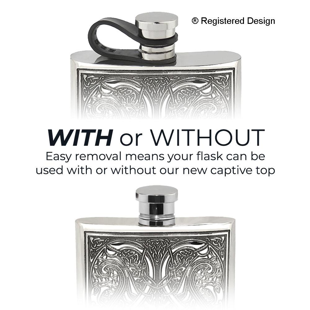 English Factory 8oz Pewter Hip Flask With Celtic Knot Design And Flexi Cap