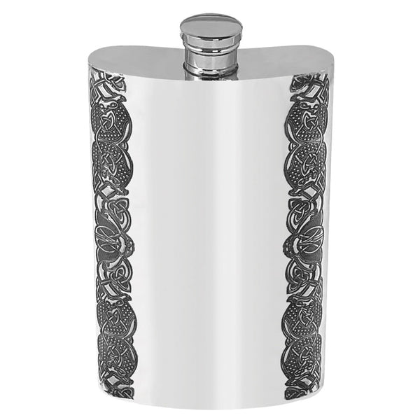 English Factory 8oz Tall Pewter Hip Flask With Linear Celtic Design