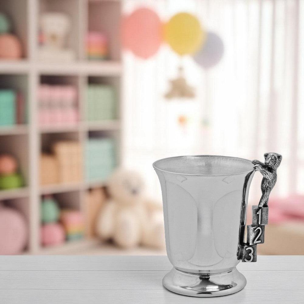 English Factory ABC 123 Teddy Bear Handle Pewter Christening Childs Cup