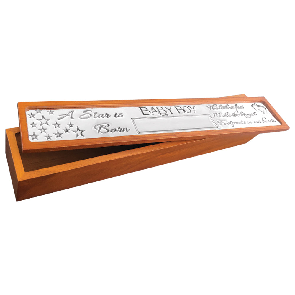 English Factory Baby Boy Birth Certificate Holder Wood & Pewter Keepsake Gift Box Personalsied