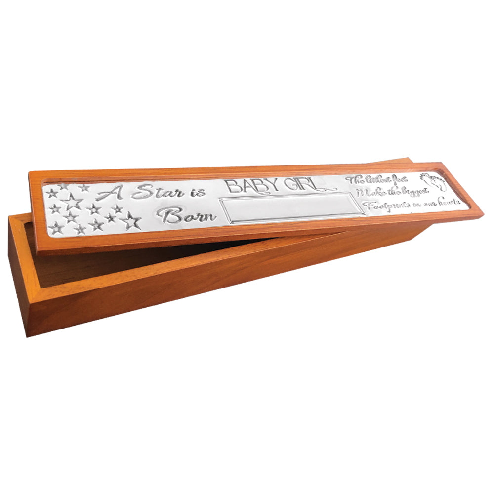 English Factory Baby Girl Birth Certificate Holder Wood & Pewter Keepsake Gift Box Personalsied