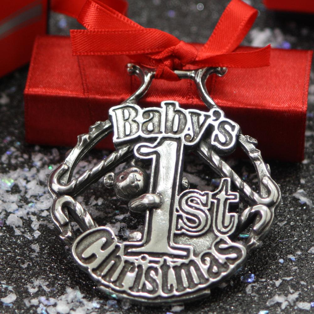 English Factory Baby's First Christmas Tree Pewter Ornament Bauble Decoration