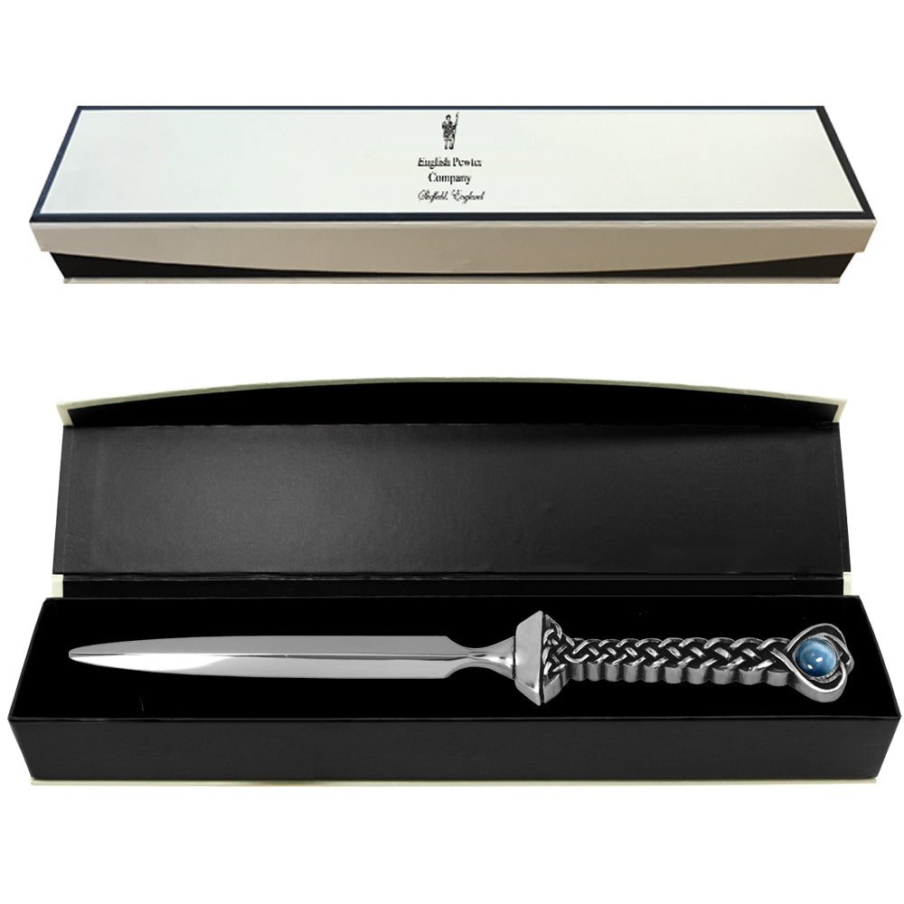 English Factory Celtic Pewter Letter Opener Knife With Sapphire Stone