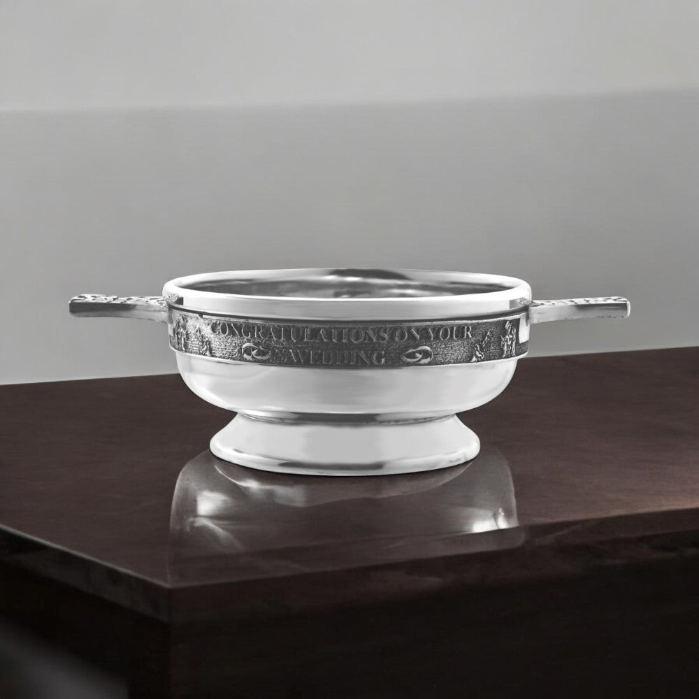 English Factory "Congratulations On Your Wedding" Pewter Quaich Bowl