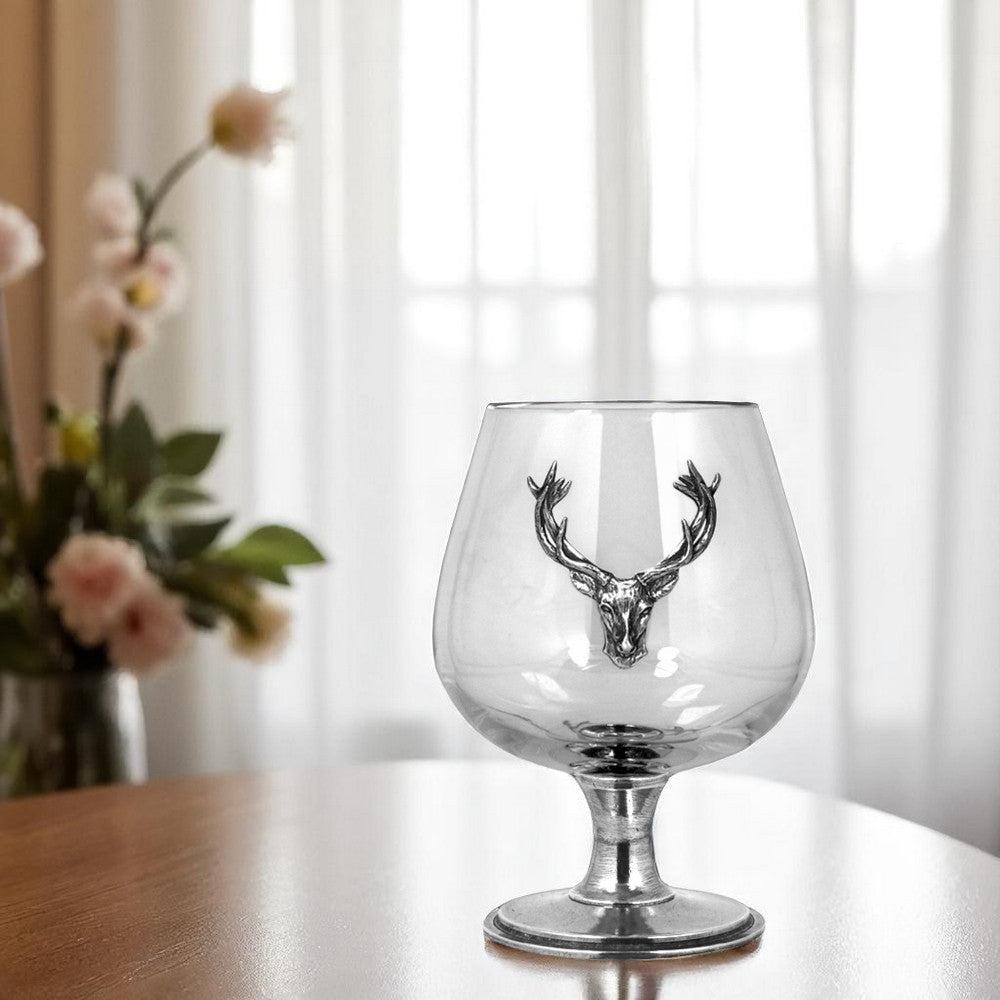 English Factory Double Brandy Cognac Snifter Glass Set With Pewter Stag