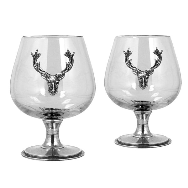English Factory Double Brandy Cognac Snifter Glass Set With Pewter Stag
