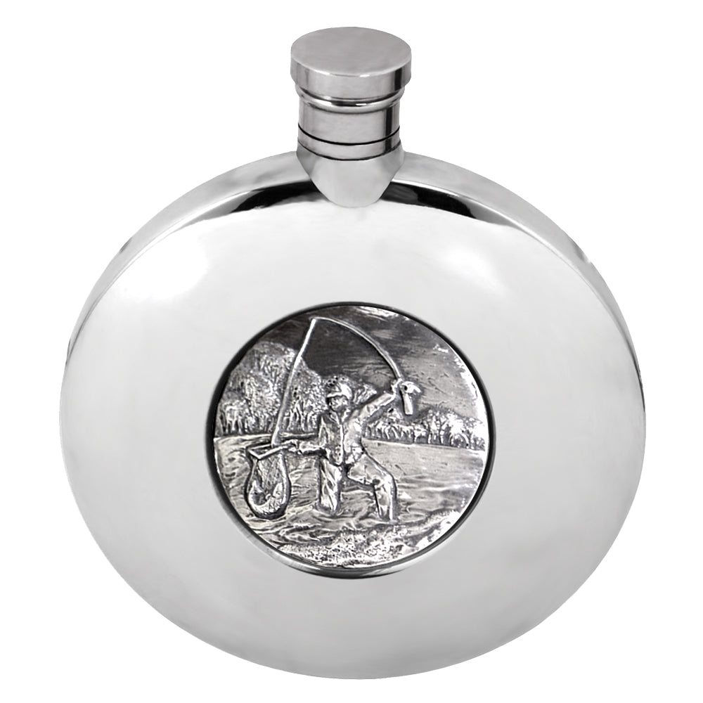English Factory Ellipse Pewter Hip Flask With Fishing Badge