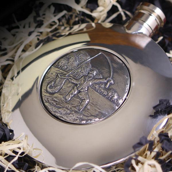 english factory Ellipse Pewter Hip Flask with Fishing Badge