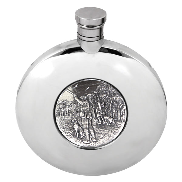 english factory Ellipse Pewter Hip Flask with Hunting Shooting Badge