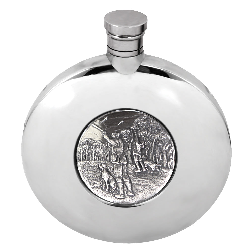 English Factory Ellipse Pewter Hip Flask With Hunting Shooting Badge