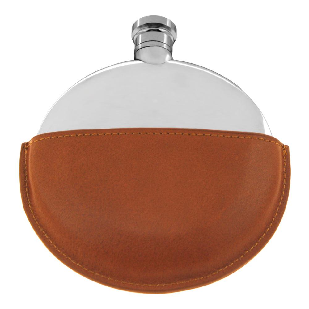 English Factory Ellipse Pewter Hip Flask With Leather Pouch