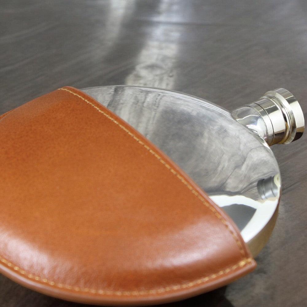 English Factory Ellipse Pewter Hip Flask With Leather Pouch