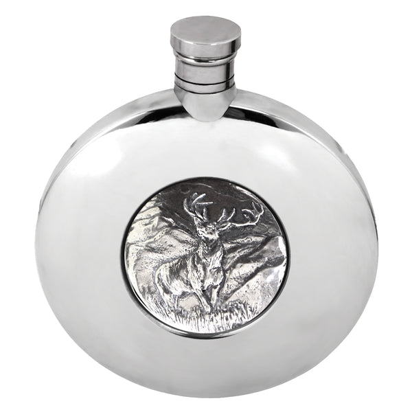 english factory Ellipse Pewter Hip Flask with Majestic Stag Badge