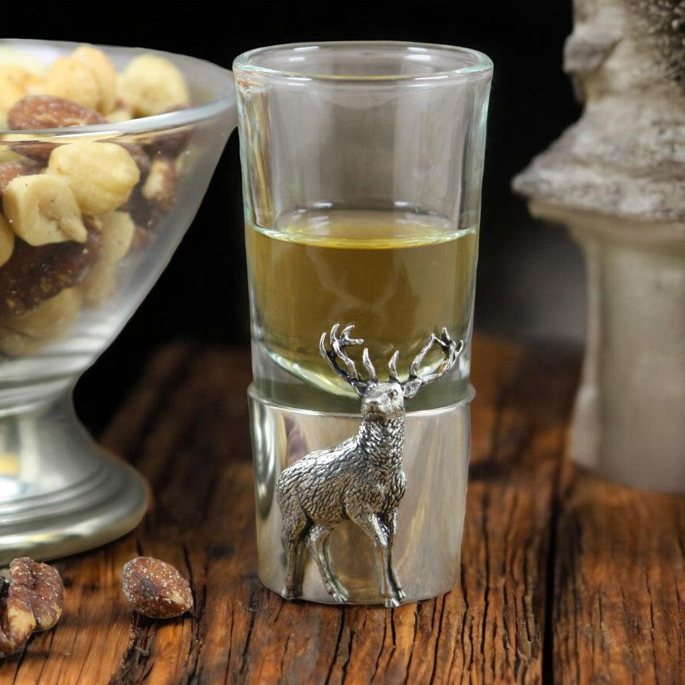 English Factory Pewter Shot Glass With Stag Badge