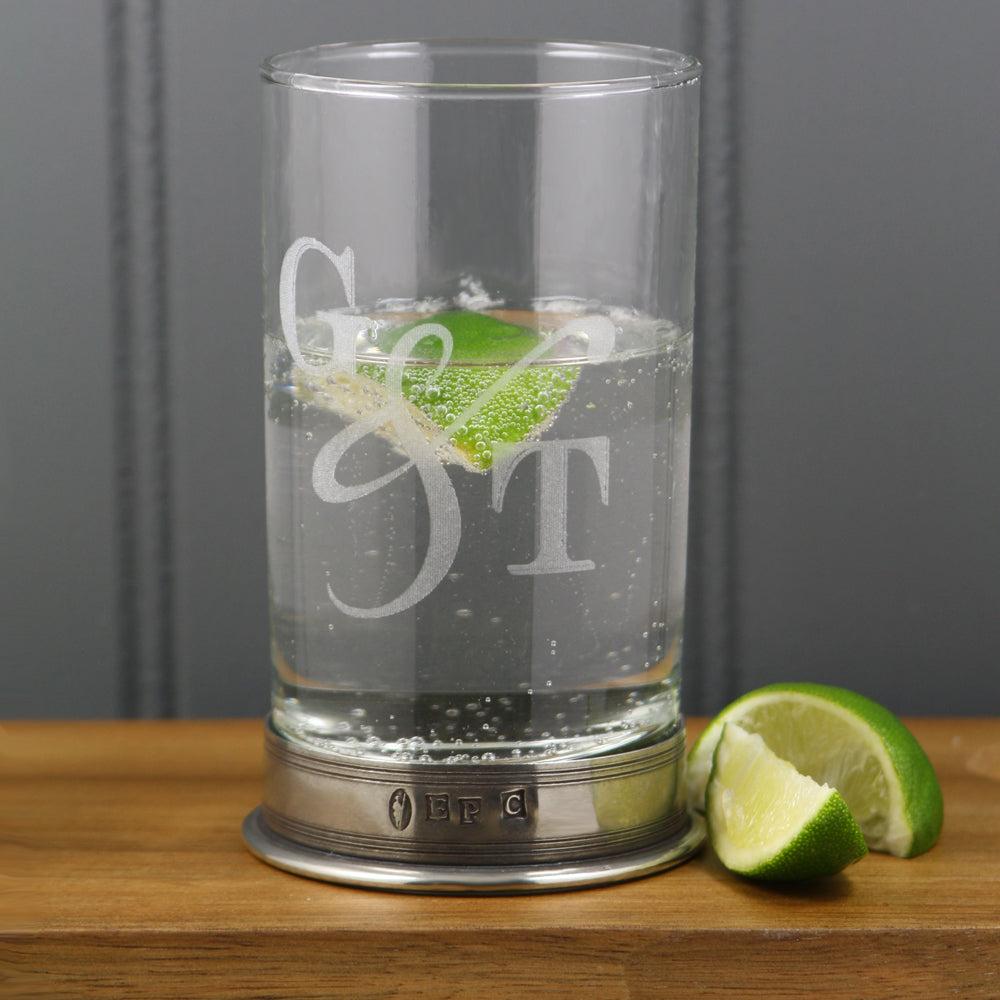 English Factory "G & T" Highball Gin Glass With Pewter Base