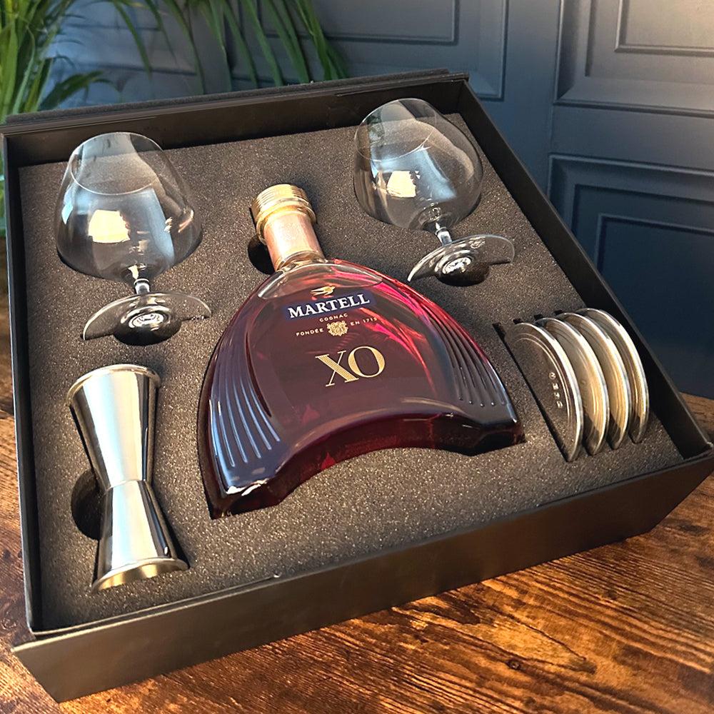 English Factory Luxury Brandy Gift Set Includes Bottle 2 Brandy Glasses 4 Pewter Coasters & Pewter Spirit Measure