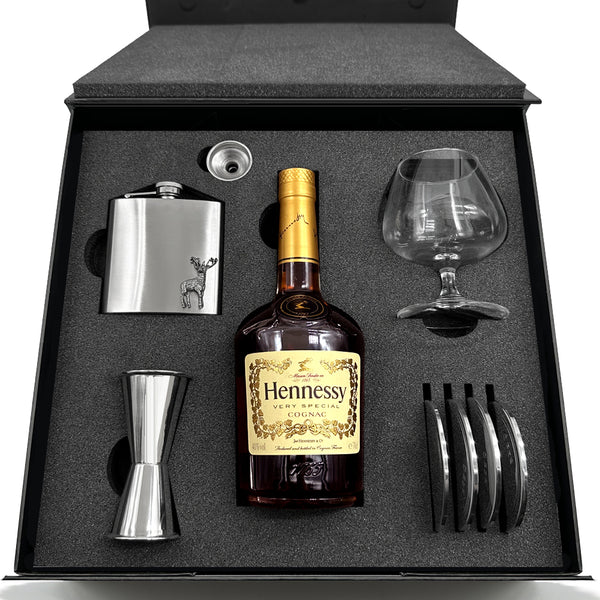 english factory Luxury Brandy Gift Set Includes Bottle Brandy Glass 4 Pewter Coasters Pewter Spirit Measure 6oz Stainless Steel Hipflask & Funnel