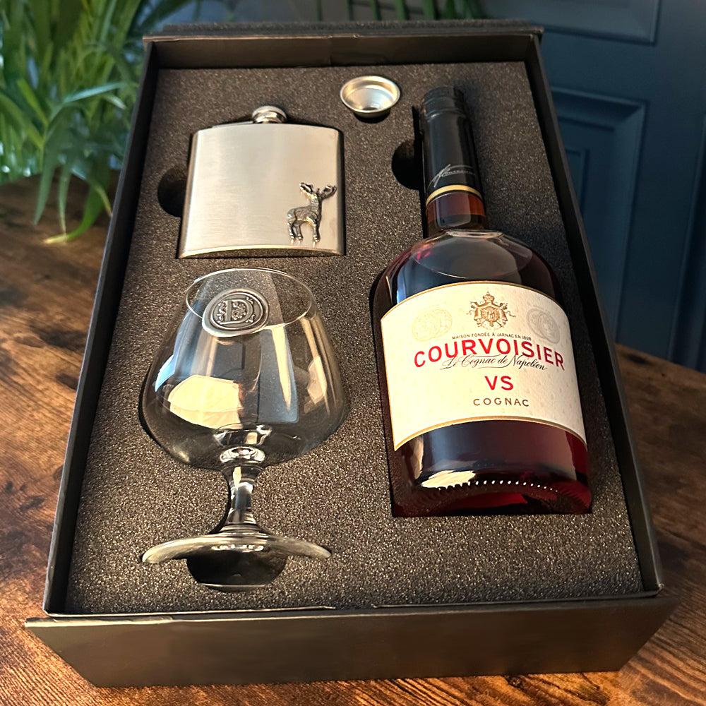 English Factory Luxury Brandy Gift Set Includes Bottle Personalised Brandy Glass 6oz Stainless Steel Flask & Funnel