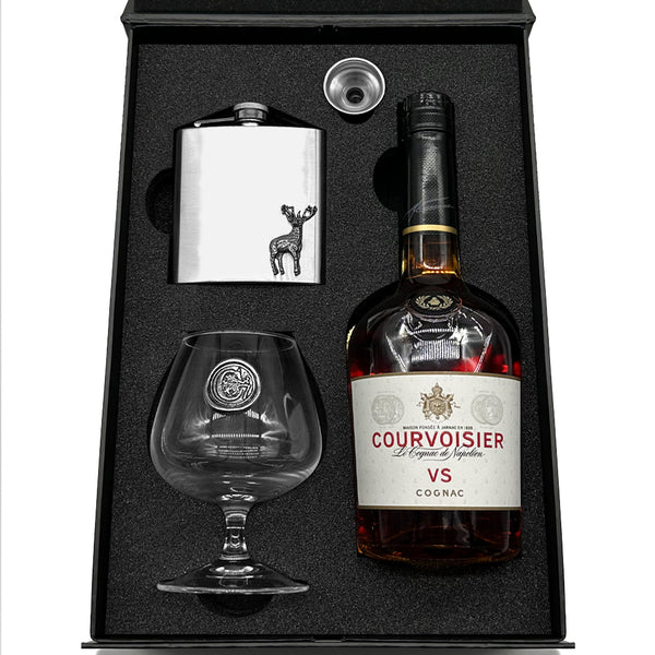 english factory Luxury Brandy Gift Set Includes Bottle Personalised Brandy Glass 6oz Stainless Steel Flask & Funnel