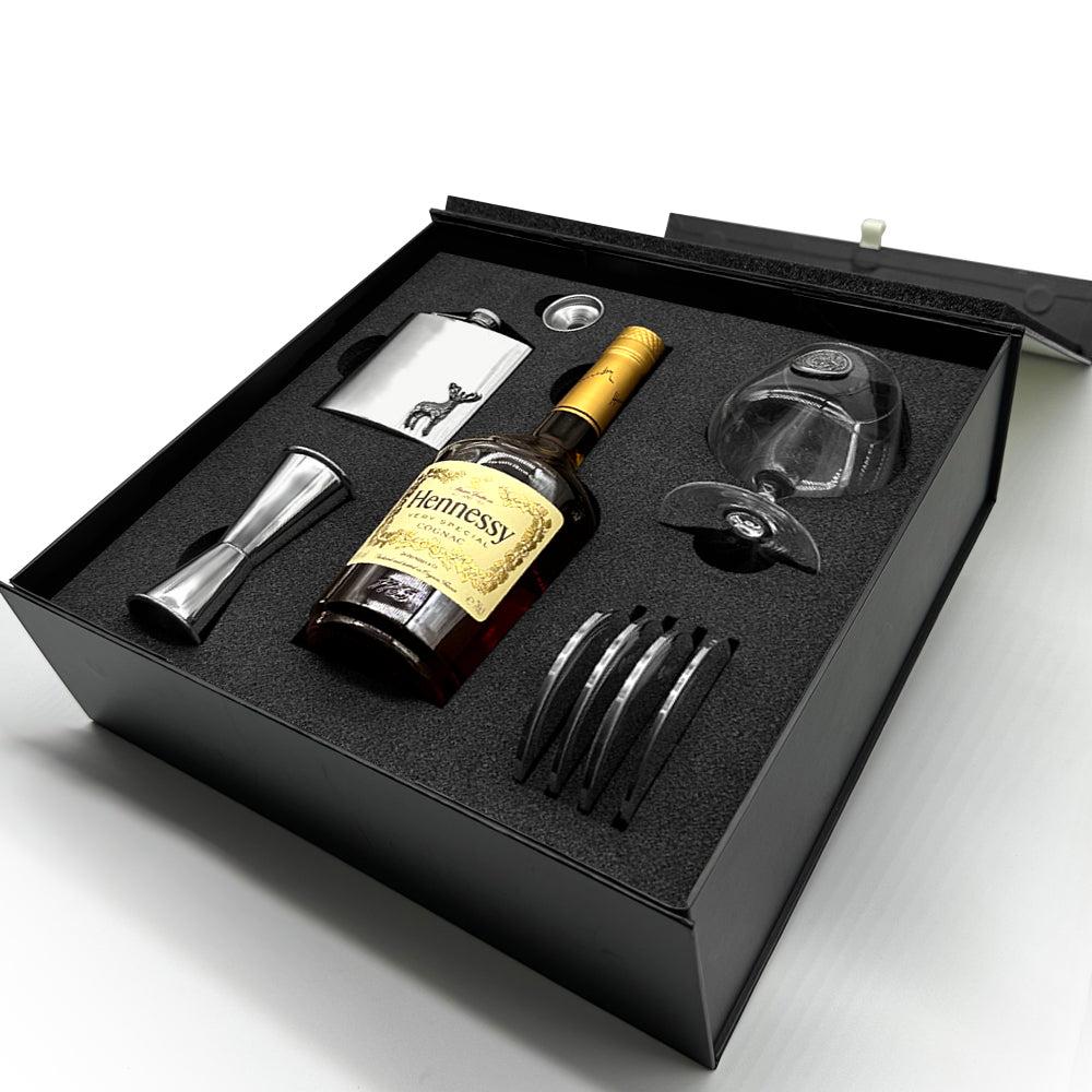 English Factory Luxury Brandy Gift Set Includes Bottle. Personalised Brandy Glass 4 Pewter Coasters Pewter Spirit Measure 6oz Stainless Steel Hipflask & Funnel