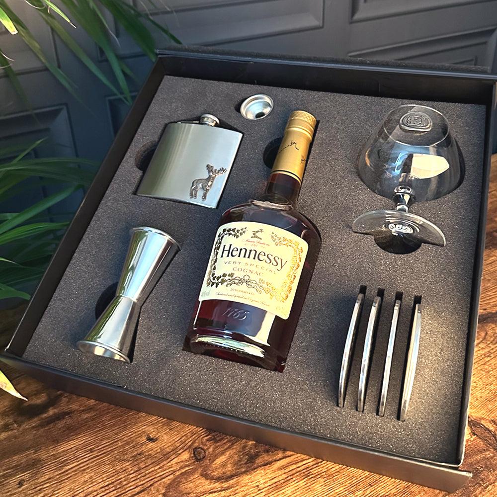 English Factory Luxury Brandy Gift Set Includes Bottle. Personalised Brandy Glass 4 Pewter Coasters Pewter Spirit Measure 6oz Stainless Steel Hipflask & Funnel