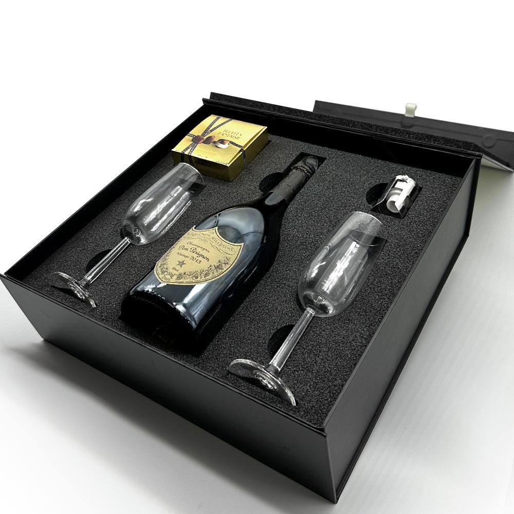 English Factory Luxury Champagne Gift Set Includes Bottle 2 Champagne Flutes Pewter Champagne Sealer & Truffles