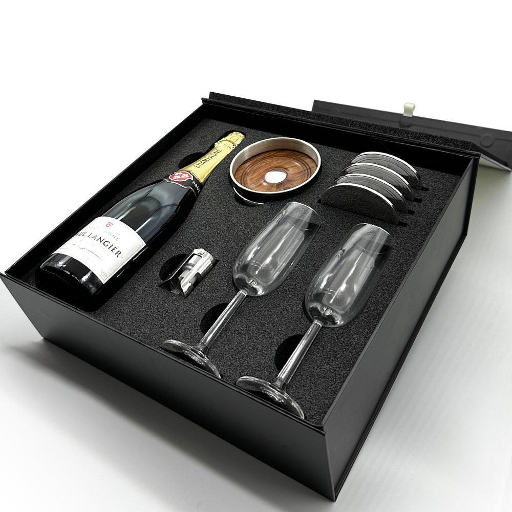 English Factory Luxury Champagne Gift Set Includes Bottle 2 Champagne Flutes Pewter Champagne Sealer Pewter Bottle Coaster & 4 Pewter Coasters