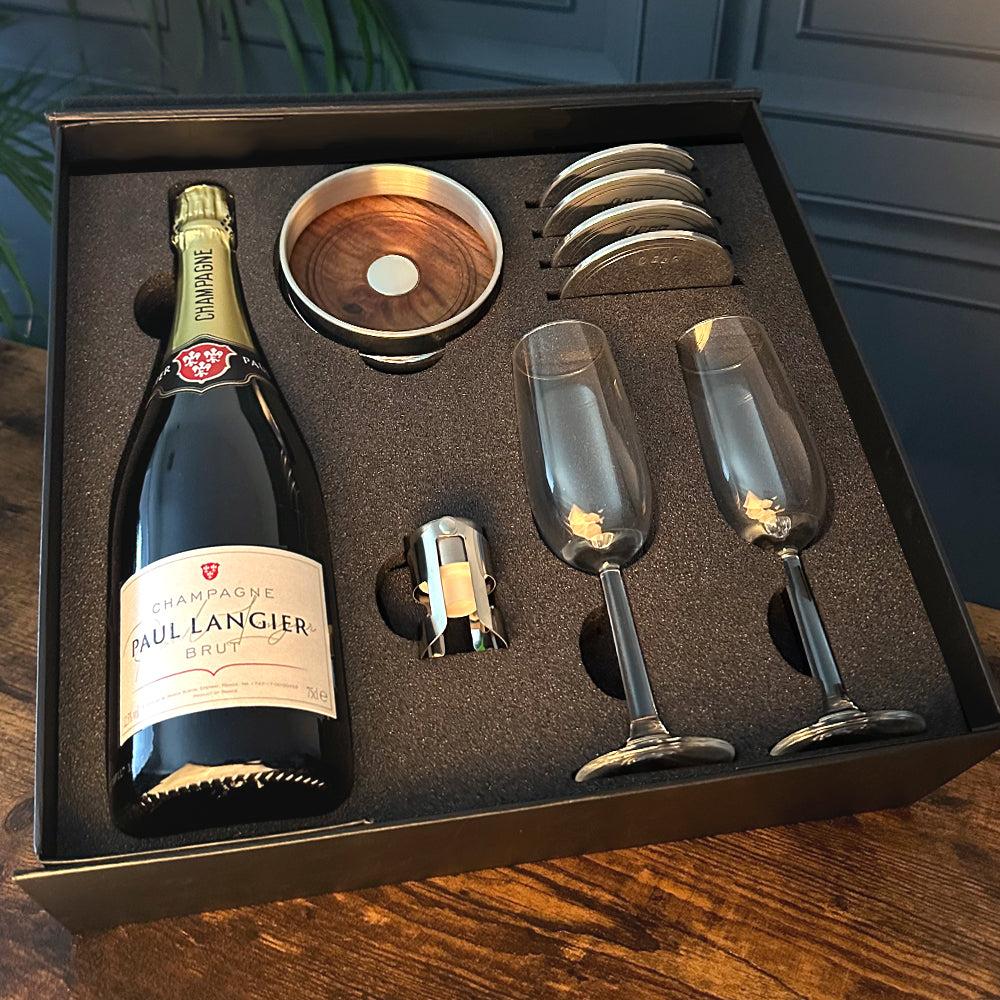 English Factory Luxury Champagne Gift Set Includes Bottle 2 Champagne Flutes Pewter Champagne Sealer Pewter Bottle Coaster & 4 Pewter Coasters