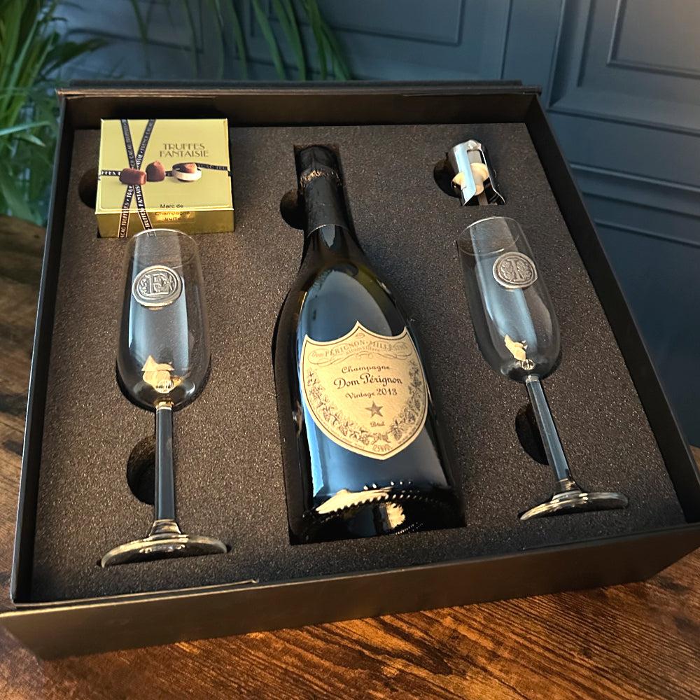 English Factory Luxury Champagne Gift Set Includes Bottle 2 Personalised Champagne Flutes Pewter Champagne Sealer & Truffles