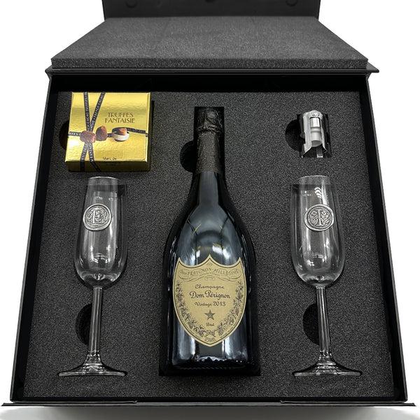 english factory Luxury Champagne Gift Set Includes Bottle 2 Personalised Champagne Flutes Pewter Champagne Sealer & Truffles