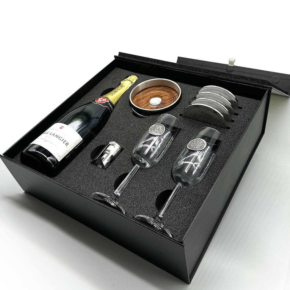 English Factory Luxury Champagne Gift Set Includes Bottle 2 Personalised Champagne Flutes Pewter Champagne Sealer Pewter Bottle Coaster & 4 Pewter Coasters