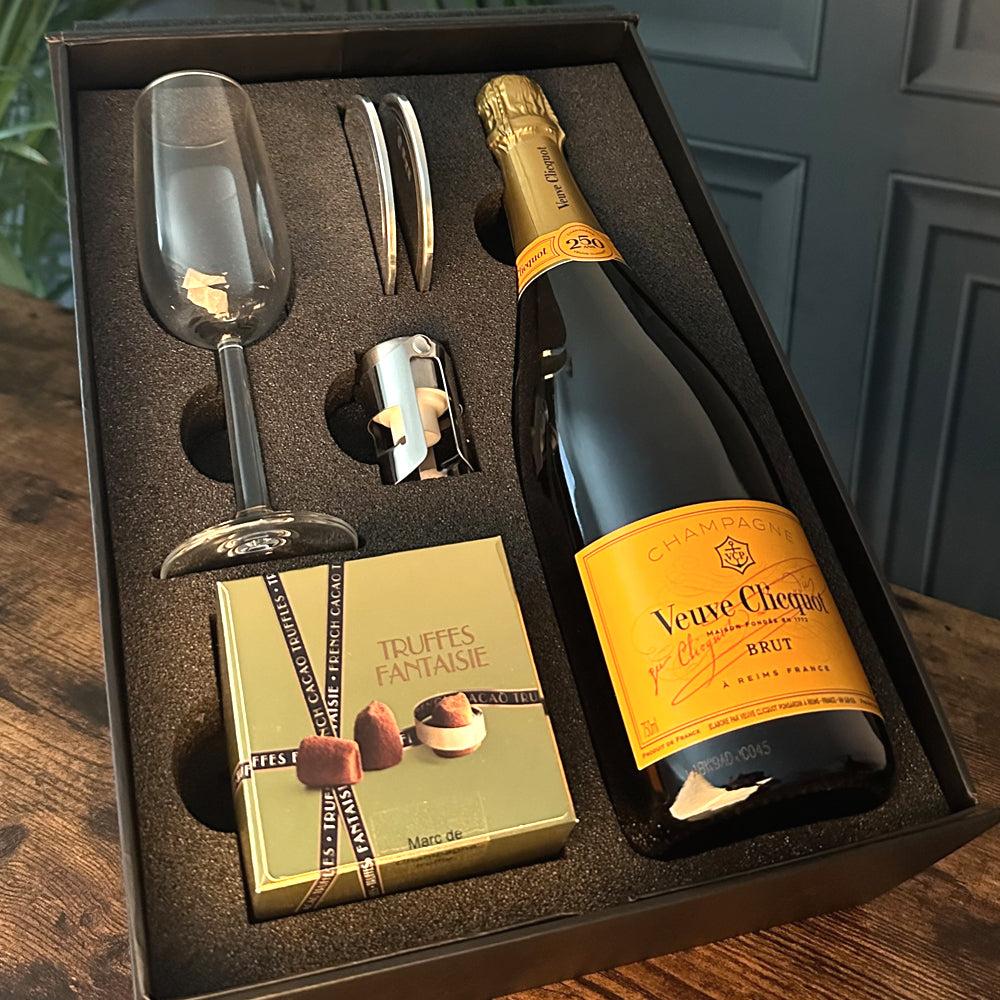 English Factory Luxury Champagne Gift Set Includes Bottle Champagne Flute Pewter Bottle Sealer Pewter Coasters & Truffles