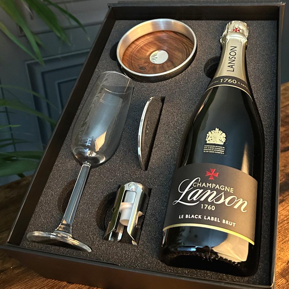 English Factory Luxury Champagne Gift Set Includes Bottle Champagne Flute Pewter Bottle Coaster Pewter Champagne Sealer & Pewter Coaster