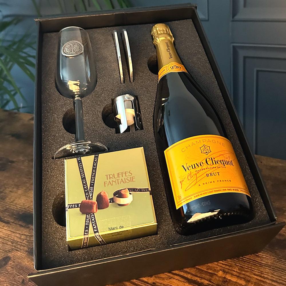 English Factory Luxury Champagne Gift Set Includes Bottle Personalised Champagne Flute Pewter Bottle Sealer Pewter Coasters & Truffles