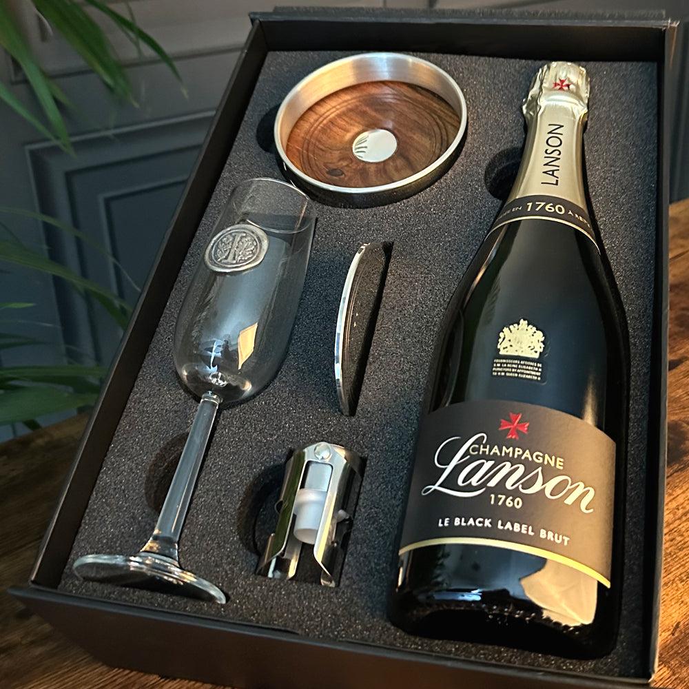 English Factory Luxury Champagne Gift Set Includes Bottle Personalised Champagne Flute Pewter Bottle Coaster Pewter Champagne Sealer & Pewter Coaster