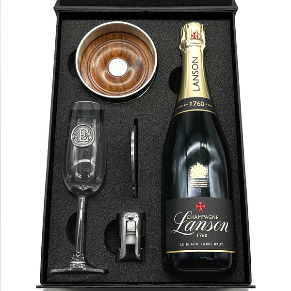 English Factory Luxury Champagne Gift Set Includes Bottle Personalised Champagne Flute Pewter Bottle Coaster Pewter Champagne Sealer & Pewter Coaster