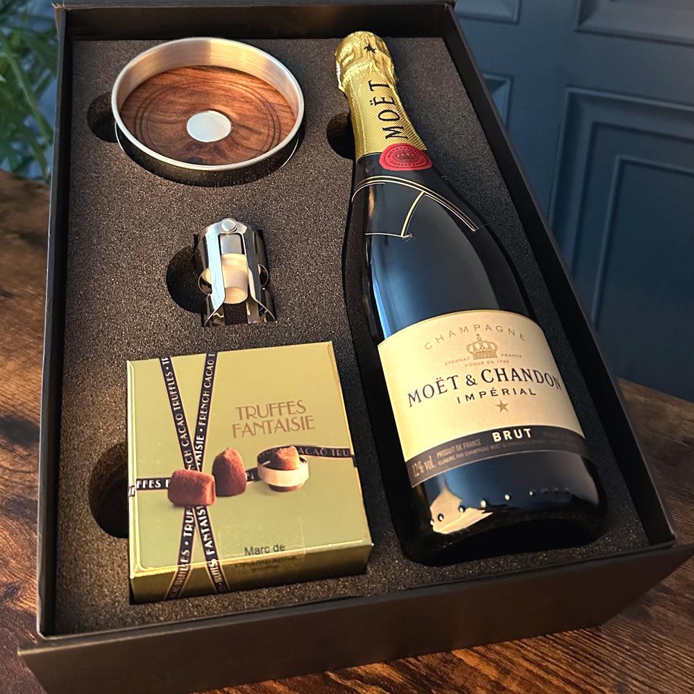 English Factory Luxury Champagne Gift Set Includes Bottle Pewter Bottle Coaster Pewter Bottle Sealer & Truffles