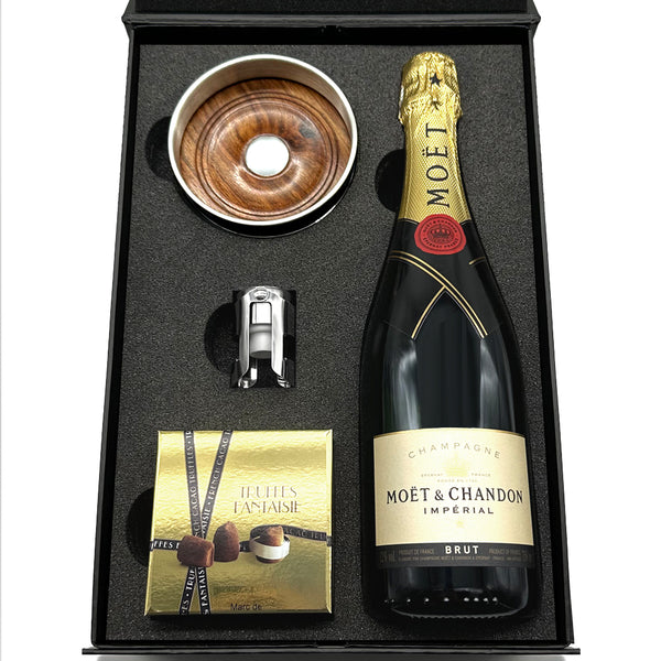 english factory Luxury Champagne Gift Set Includes Bottle Pewter Bottle Coaster Pewter Bottle Sealer & Truffles