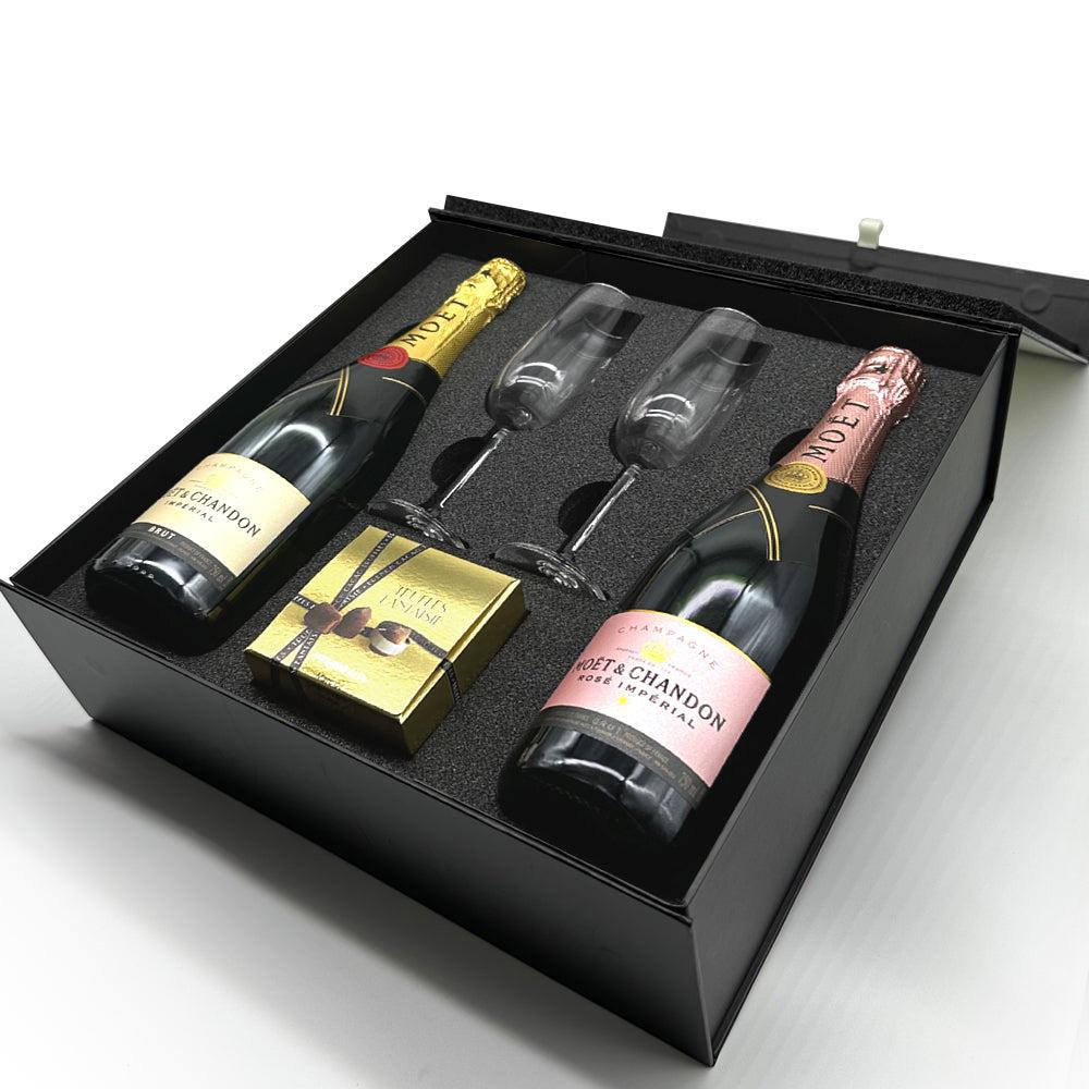 English Factory Luxury Champagne Gift Set Includes Moet Brut & Rose 2 Champagne Flutes & Truffles
