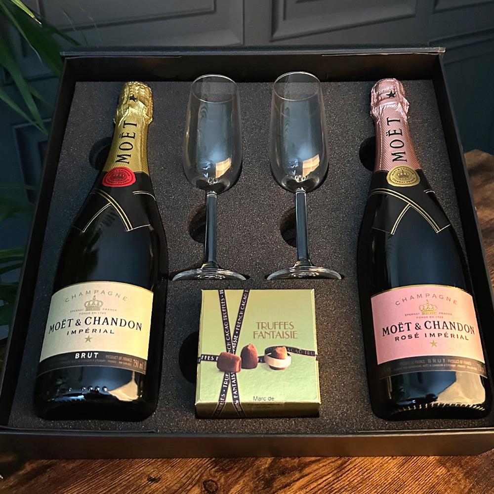 English Factory Luxury Champagne Gift Set Includes Moet Brut & Rose 2 Champagne Flutes & Truffles