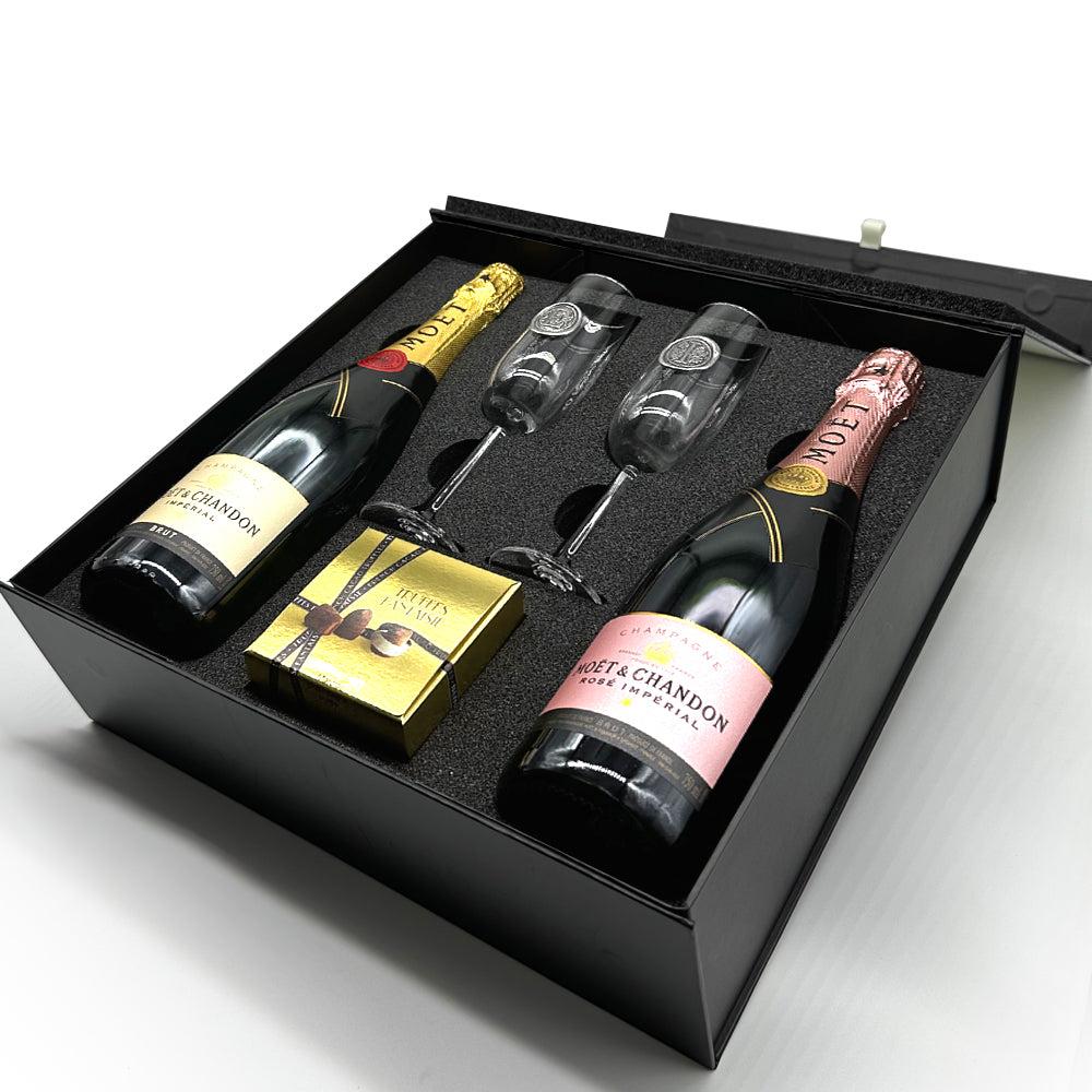 English Factory Luxury Champagne Gift Set Includes Moet Brut & Rose 2 Personalised Champagne Flutes & Truffles